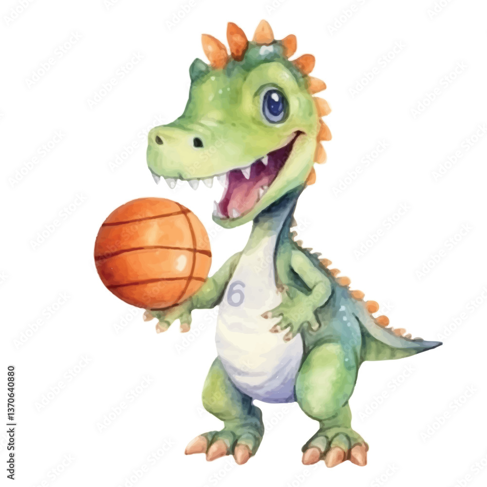 Fototapeta premium dinosaur playing basketball cute watercolors illustration on white background