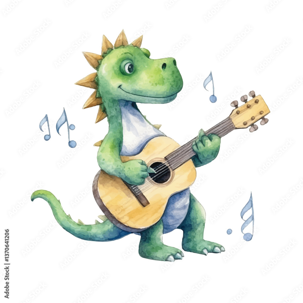 Naklejka premium dinosaur playing guitar cute watercolors illustration on white background