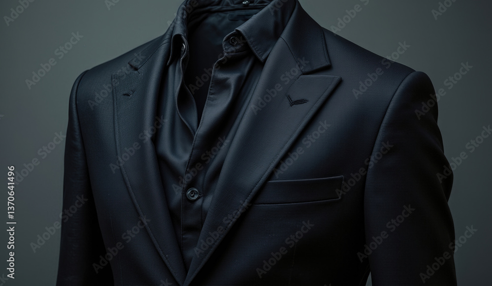 A sharply tailored, dark charcoal suit jacket hangs open, revealing a subtly textured, light grey dress shirt underneath A sharply tailored, dark charcoal suit jacket hangs open, revealing a subtly textured, light grey dress shirt underneath