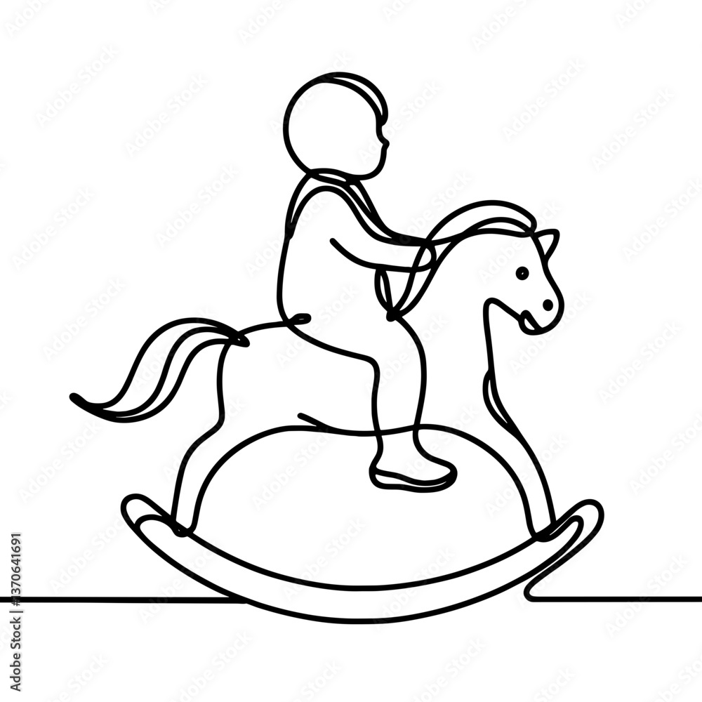 Baby riding rocking horse in line drawing Baby riding rocking horse in line drawing