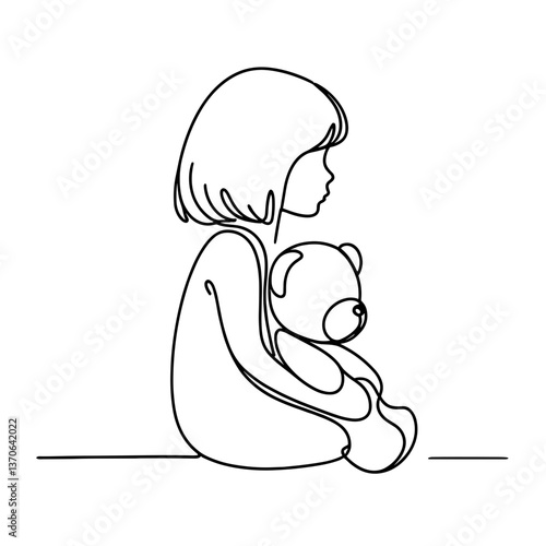 Girl sitting with teddy bear in line drawing