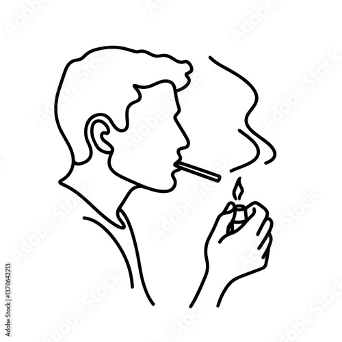 Man lighting cigarette in line art style