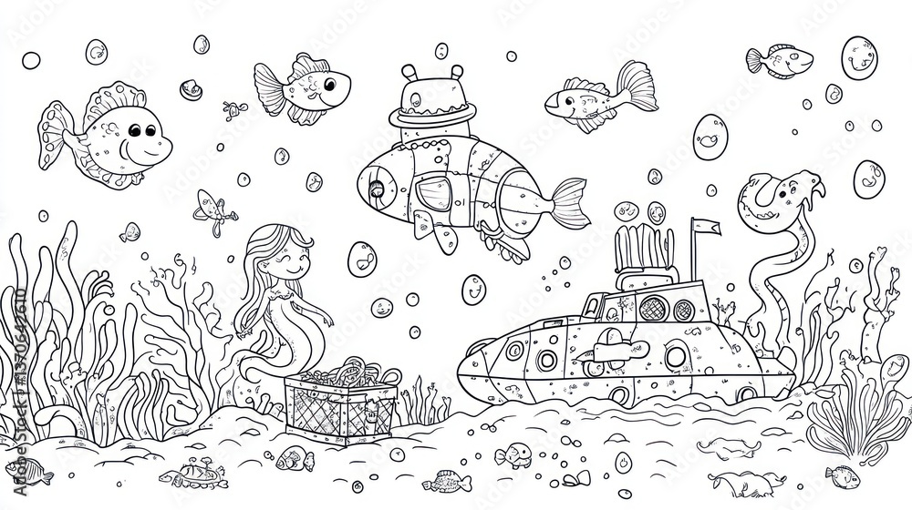 Underwater coloring page with mermaid, submarines, and sea creatures Underwater coloring page with mermaid, submarines, and sea creatures