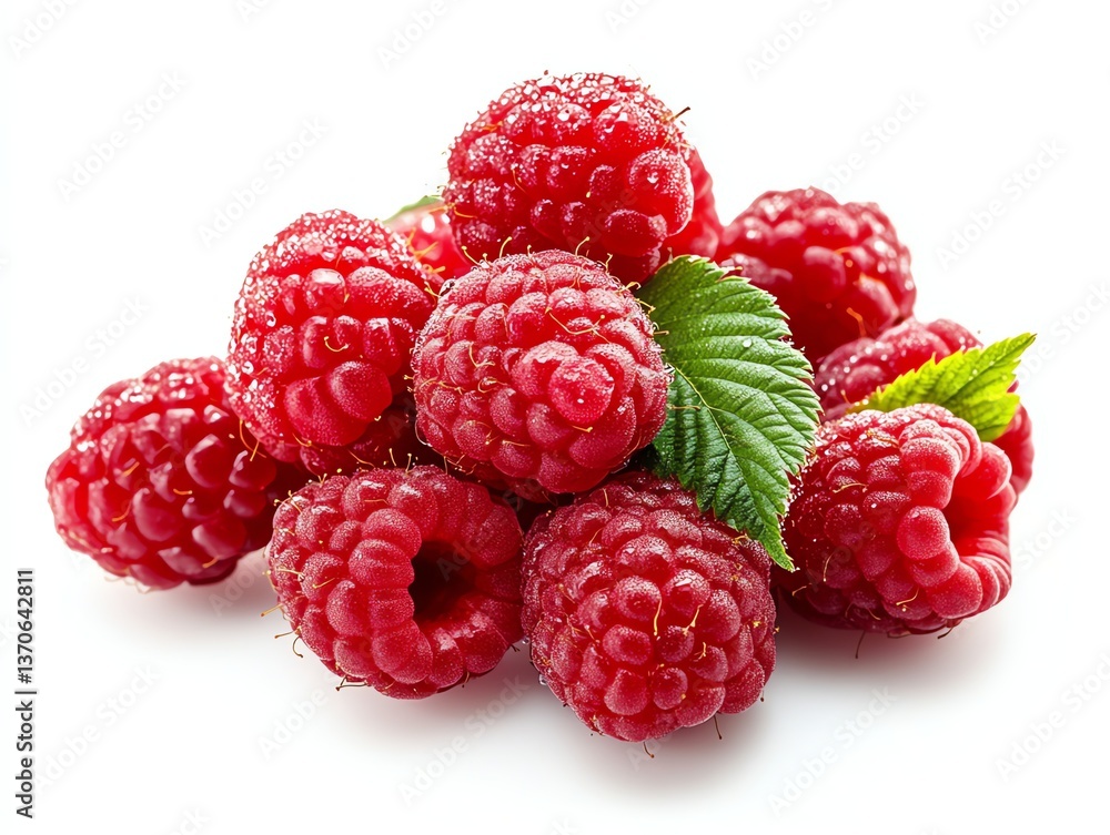 Pile of Fresh Raspberries with Water Droplets on White Background Pile of Fresh Raspberries with Water Droplets on White Background