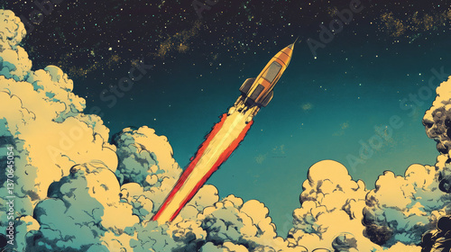 Fototapeta Naklejka Na Ścianę i Meble -  Rocket in space with clouds - retro comic style. Retro spaceship flies in outer space. Vector illustration.