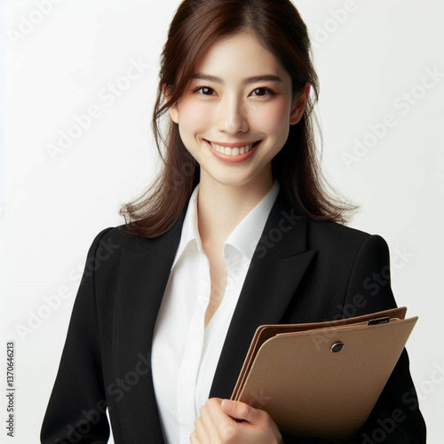  A professional female lawyer dressed in a black blazer over a white blouse, holding a folder and offering a confident, composed smile. The background is completely white, creating a polished, busines