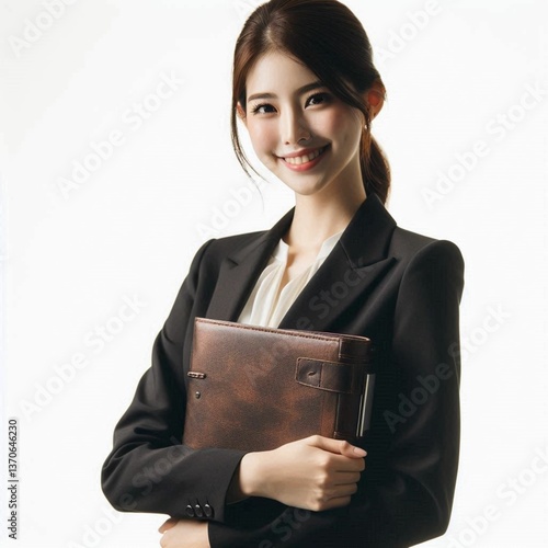  A professional female lawyer dressed in a black blazer over a white blouse, holding a folder and offering a confident, composed smile. The background is completely white, creating a polished, busines