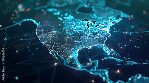 Digital map focused on North America with glowing city lights and network connections. Global communication, technology network, and data visualization concept.
