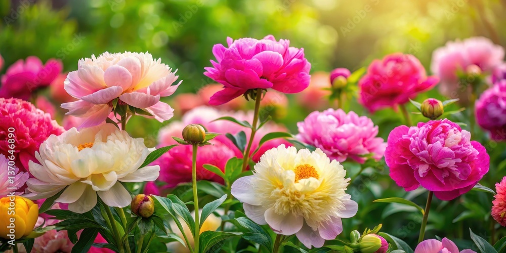 Vibrant peony flowers unfurl in a lush garden setting amidst lush greenery and vibrant blooms in various colors including pink white yellow and coral hues, blossoming peonies, peony flowers blooming Vibrant peony flowers unfurl in a lush garden setting amidst lush greenery and vibrant blooms in various colors including pink white yellow and coral hues, blossoming peonies, peony flowers blooming