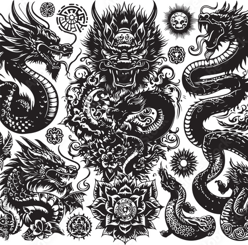 Tattoo Style Vector Bundle | Vintage Skull, Roses, Dragons, and Wild Animals Illustrations