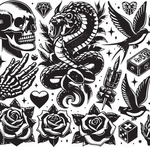 Tattoo Style Vector Bundle | Vintage Skull, Roses, Dragons, and Wild Animals Illustrations