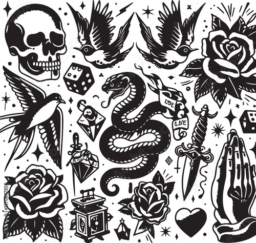 Tattoo Style Vector Bundle | Vintage Skull, Roses, Dragons, and Wild Animals Illustrations