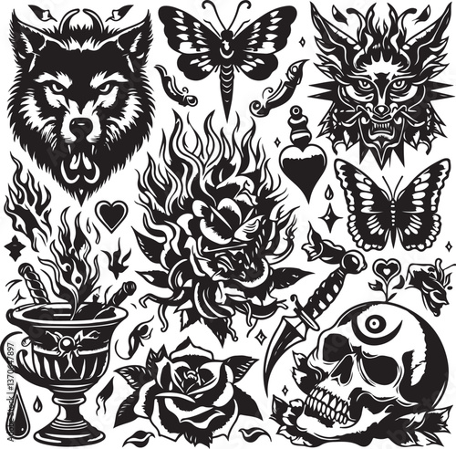Tattoo Style Vector Bundle | Vintage Skull, Roses, Dragons, and Wild Animals Illustrations