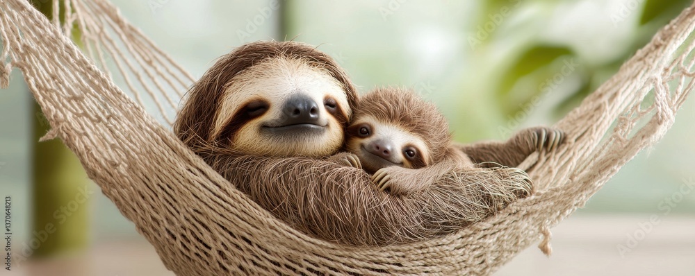Naklejka premium Two sloths cuddle in a hammock, showcasing their adorable expressions and relaxed demeanor in a cozy, serene environment.