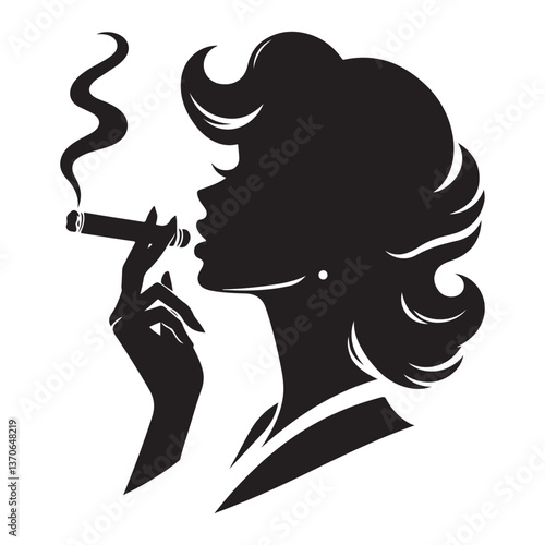 Silhouette of elegant woman smoking cigar vector art illustration