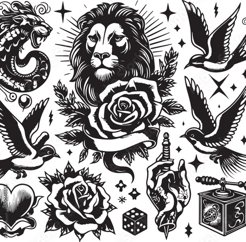 Tattoo Style Vector Bundle | Vintage Skull, Roses, Dragons, and Wild Animals Illustrations