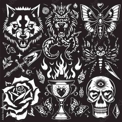 Tattoo Style Vector Bundle | Vintage Skull, Roses, Dragons, and Wild Animals Illustrations