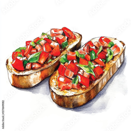 watercolor copic marker concept sketch of Bruschetta