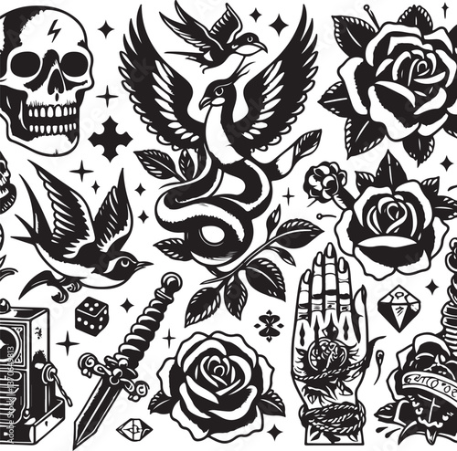 Tattoo Style Vector Bundle | Vintage Skull, Roses, Dragons, and Wild Animals Illustrations