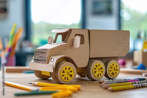 Cardboard Truck Toy on Table with Pencils and Scissors in Creative Environment