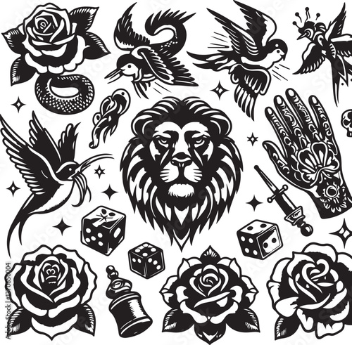 Tattoo Style Vector Bundle | Vintage Skull, Roses, Dragons, and Wild Animals Illustrations