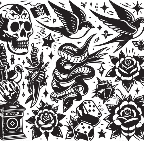 Tattoo Style Vector Bundle | Vintage Skull, Roses, Dragons, and Wild Animals Illustrations