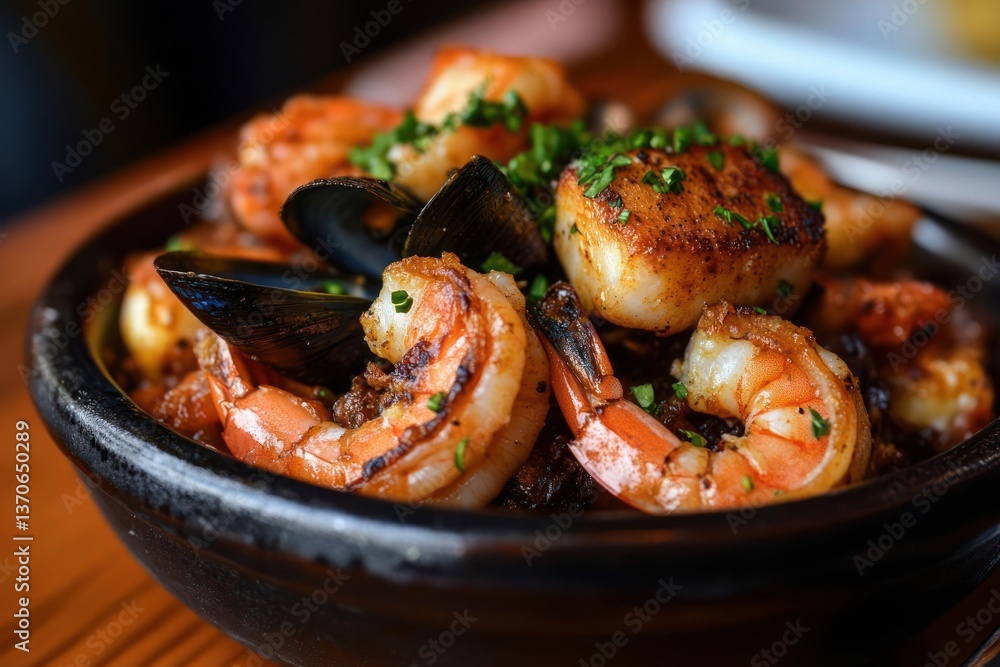 Close-up of a seafood dish in a dark ceramic bowl featuring grilled shrimp scallops and mussels with fresh herbs on a wooden table Close-up of a seafood dish in a dark ceramic bowl featuring grilled shrimp scallops and mussels with fresh herbs on a wooden table