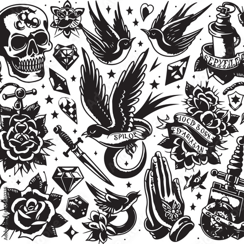 Tattoo Style Vector Bundle | Vintage Skull, Roses, Dragons, and Wild Animals Illustrations