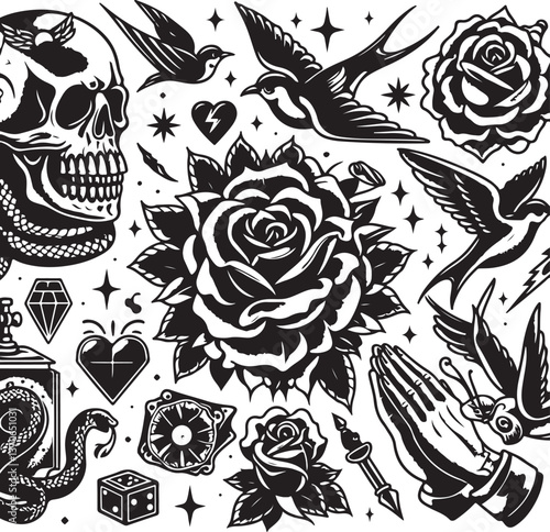 Tattoo Style Vector Bundle | Vintage Skull, Roses, Dragons, and Wild Animals Illustrations
