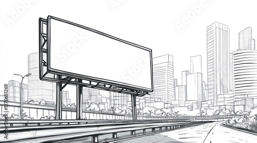 Blank billboard on highway in city sketch. Possible stock photo use