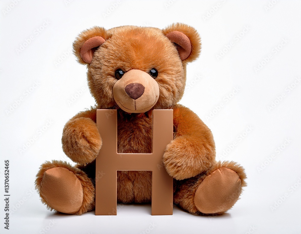 Obraz premium Cute brown teddy bear with letter H. Baby name reveal after child birth. Stuffed animal isolated on white background