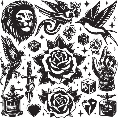 Tattoo Style Vector Bundle | Vintage Skull, Roses, Dragons, and Wild Animals Illustrations