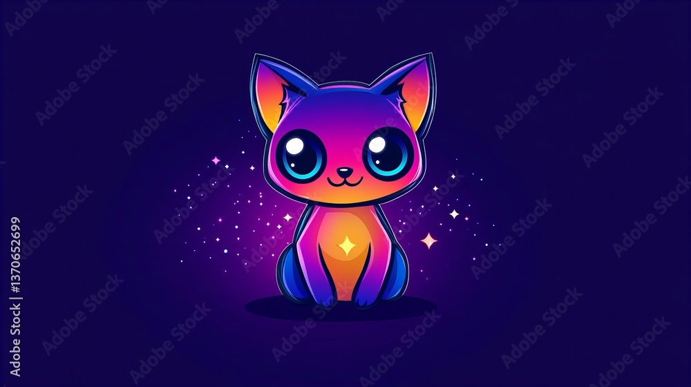 Fototapeta premium Cartoon cat sits against a dark purple background surrounded by glowing stars and sparkling effects.