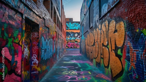A stunning urban scene capturing Melbourne’s famous graffiti-covered laneways, filled with vibrant street art. The walls are adorned with colorful murals, bold tags, and intricate designs