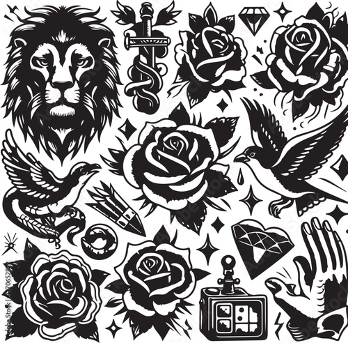 Tattoo Style Vector Bundle | Vintage Skull, Roses, Dragons, and Wild Animals Illustrations