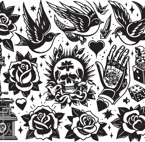 Tattoo Style Vector Bundle | Vintage Skull, Roses, Dragons, and Wild Animals Illustrations