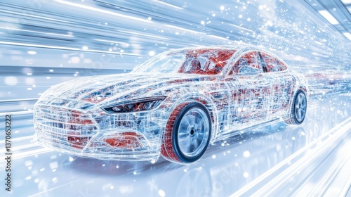 Fototapeta Naklejka Na Ścianę i Meble -  Abstract digital rendering of a red car speeding through a futuristic white tunnel, represented as a wireframe structure with glowing lines and particles.