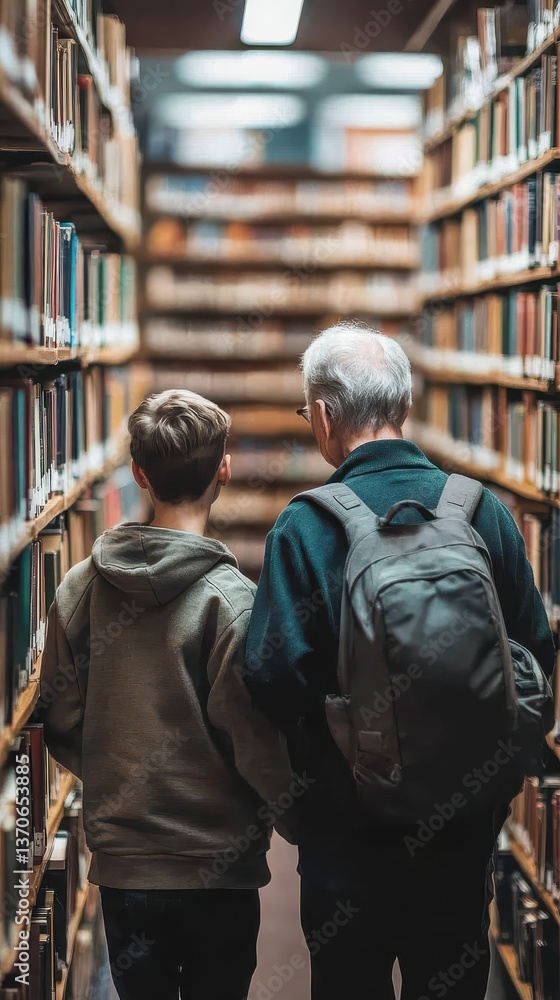 A young boy and elderly man walking in a library together A young boy and elderly man walking in a library together