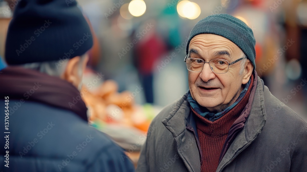 An older man converses with another person in a public space An older man converses with another person in a public space
