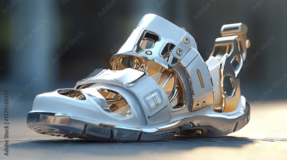 Naklejka premium Futuristic white sandal with metallic accents. Advanced design, likely for sports or outdoor activity. Sleek and modern aesthetic