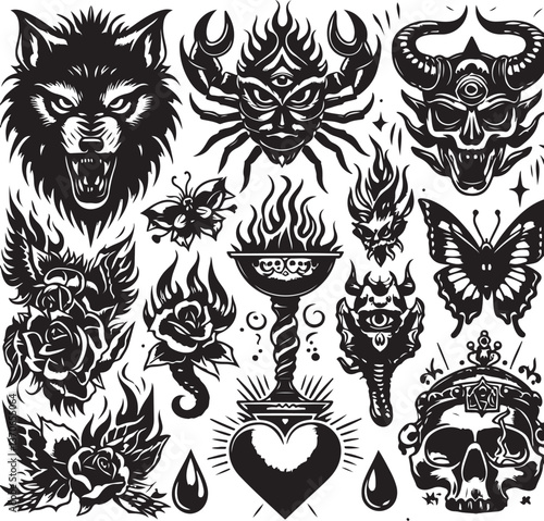 Tattoo Style Vector Bundle | Vintage Skull, Roses, Dragons, and Wild Animals Illustrations