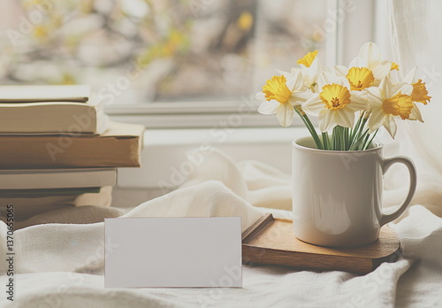 Wallpaper Mural A cozy still life scene with a blank greeting card, a cup of coffee, and a vase of daffodils on a wooden tray by the window. Ideal for spring themes and mockup designs.
 Torontodigital.ca