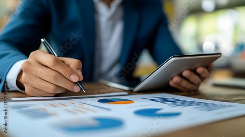 Business people discussing financial data and strategy with charts and graphs on the table in an office setting, a businessman using a tablet for social media marketing. High detail, natural lighting.