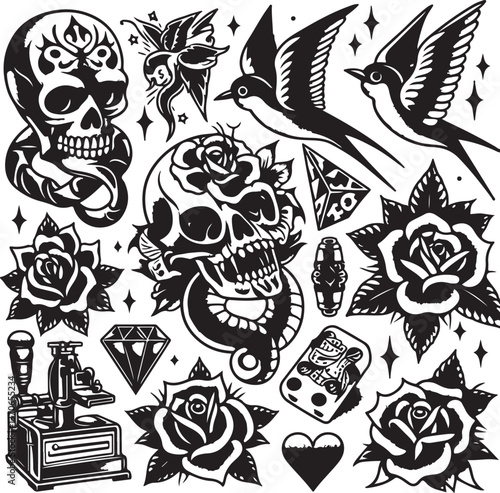 Tattoo Style Vector Bundle | Vintage Skull, Roses, Dragons, and Wild Animals Illustrations