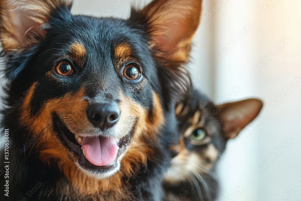 Happy dog and curious cat enjoying a cozy moment indoors during the afternoon light Happy dog and curious cat enjoying a cozy moment indoors during the afternoon light