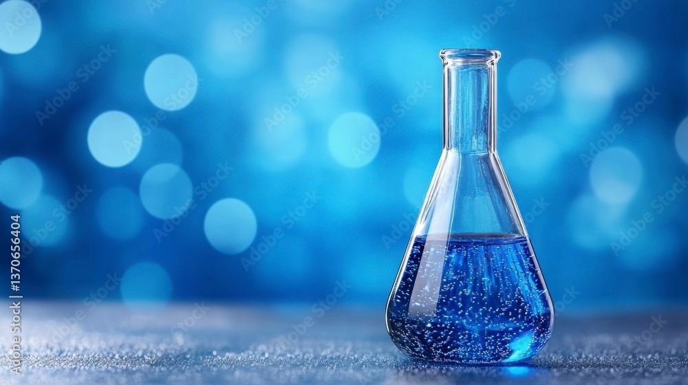 A clear glass Erlenmeyer flask filled with a vibrant blue liquid sits on a gray surface against a bokeh background of blue lights. A clear glass Erlenmeyer flask filled with a vibrant blue liquid sits on a gray surface against a bokeh background of blue lights.