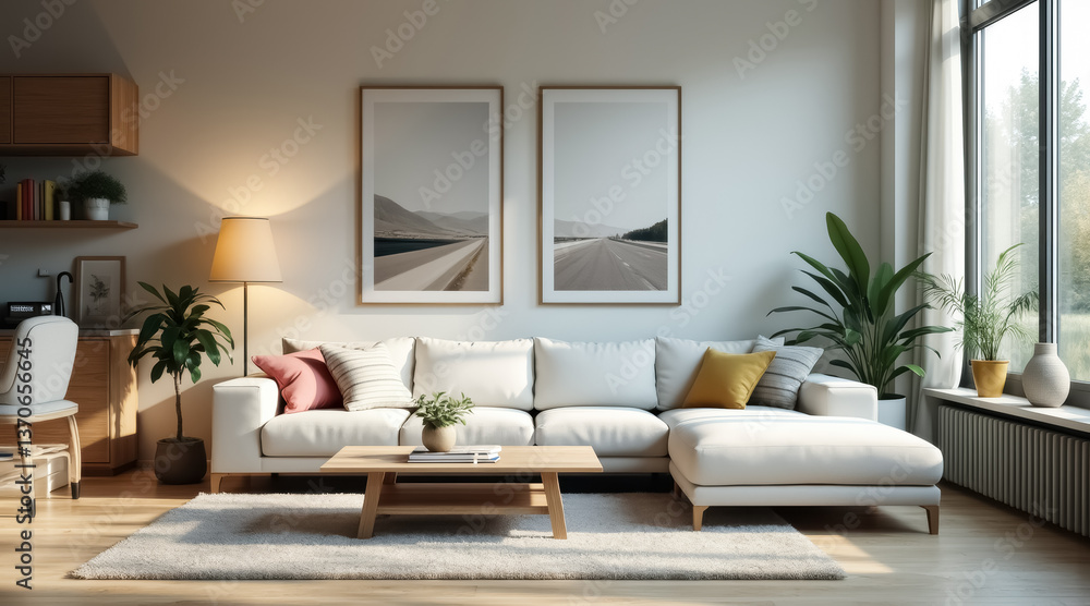 Fototapeta premium pristine white sectional sofa in a modern living room with landscape prints and natural light