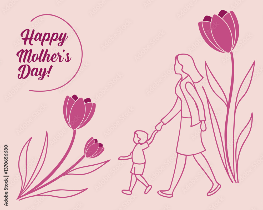 Happy Mother's Day Silhouette of Mother with Two Children and Flowers. Happy Mother's Day Silhouette of Mother with Two Children and Flowers.