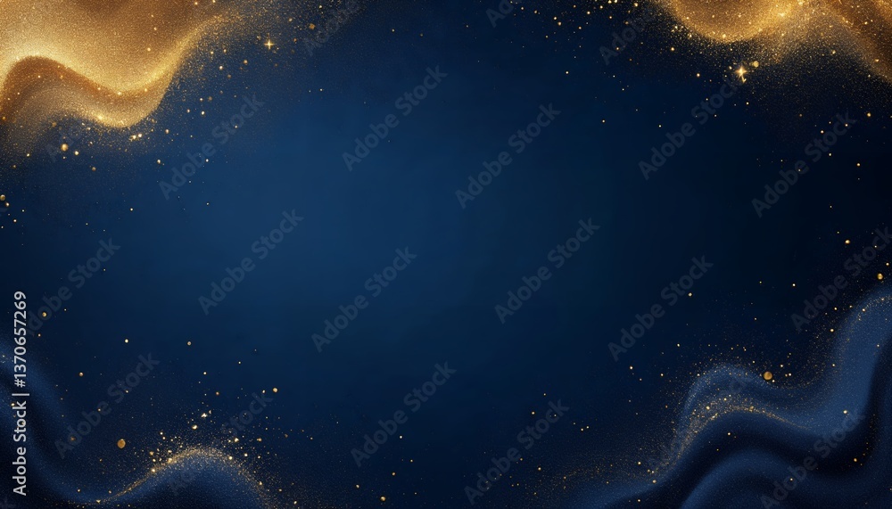 Elegant Dark Blue Background with Golden Glitter Swirls and Particles Elegant Dark Blue Background with Golden Glitter Swirls and Particles