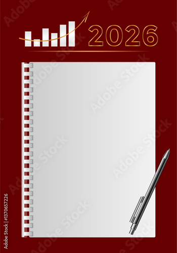 2026 New Year concept with empty notebook for your goals, plans, resolutions. Flat lay style. Christmas planning concept with space for text.